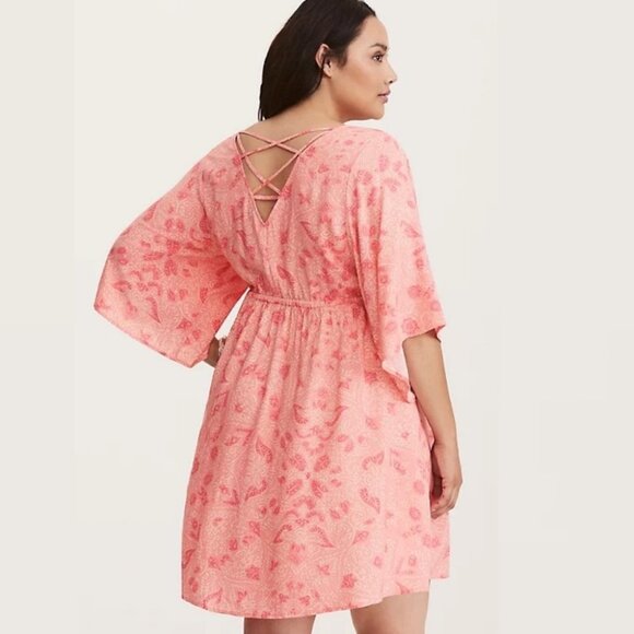 Torrid Coral Floral Print Challis Lattice Back Dress Size 1X Adjustable Tiered - Picture 2 of 12